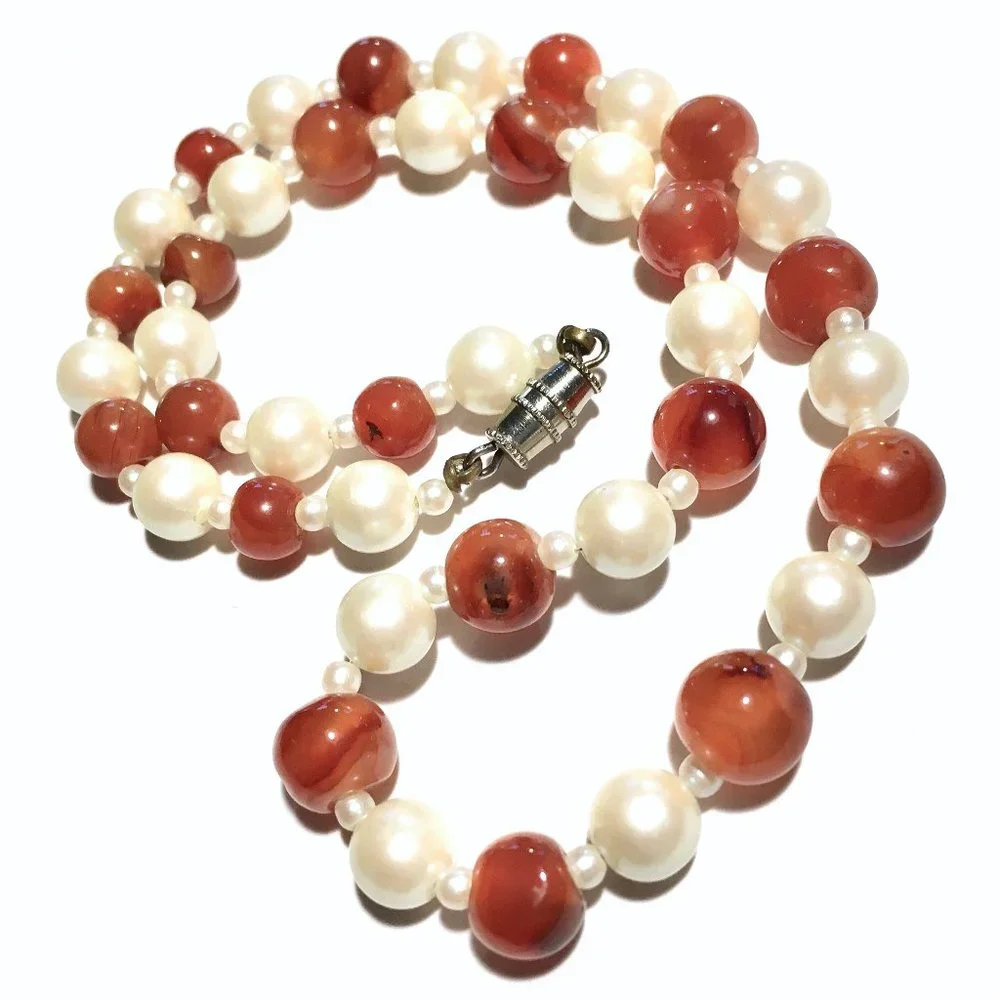 Classic Vintage Red Bead + Faux Pearl Necklace